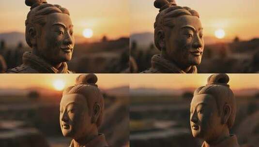 夕阳下的兵马俑特写高清在线视频素材下载