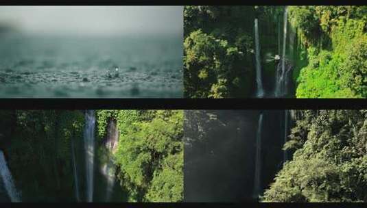 FPV无人机航拍森林瀑布水珠滴落地面高清在线视频素材下载