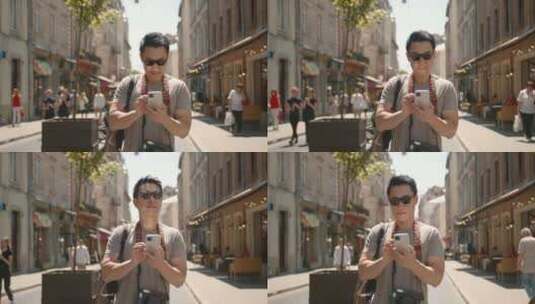 男子在街道玩手机高清在线视频素材下载