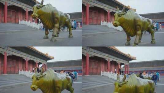 故宫内铜牛雕塑高清在线视频素材下载