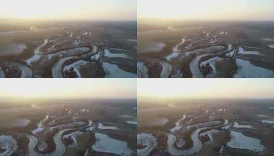 日落时的冰冻河流高清在线视频素材下载