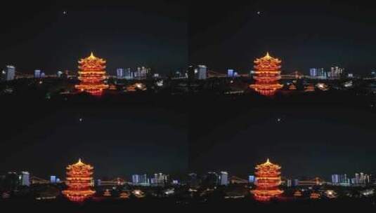武汉黄鹤楼夜景航拍城市夜晚古建筑黑夜风光高清在线视频素材下载