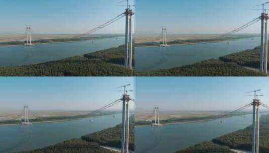 多瑙河上连接Braila和Tulcea的悬索桥施工高清在线视频素材下载