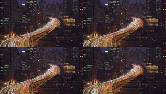 中国上海延安高架夜晚城市道路汽车交通景观高清在线视频素材下载