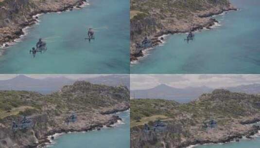 两架直升机飞越悬崖，坠入蓝色爱奥尼亚海高清在线视频素材下载