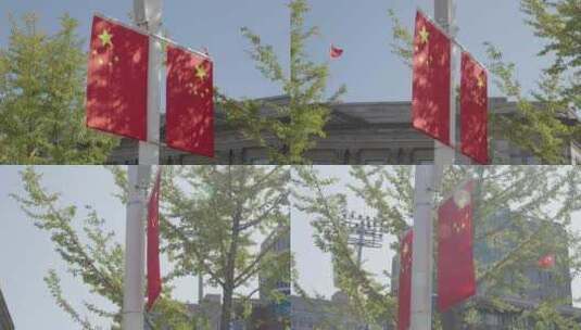 国庆节街边装饰的国旗高清在线视频素材下载