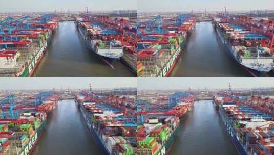 航拍港口装满集装箱的货轮高清在线视频素材下载