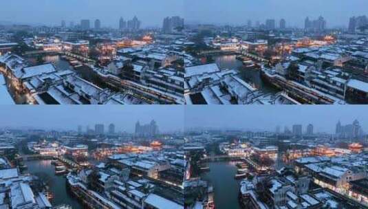 冬天南京夫子庙秦淮河的雪景夜景航拍风光高清在线视频素材下载