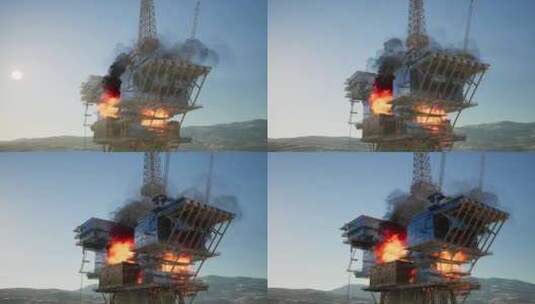 海上石油钻进平台失火高清在线视频素材下载