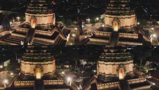 泰国清迈古城契迪龙寺航拍城市夜景风光高清在线视频素材下载