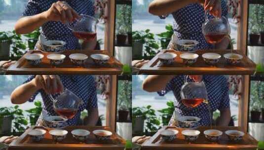 午后阳光美女茶艺师展示功夫茶冲泡红茶文化高清在线视频素材下载