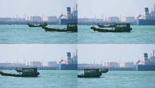 海边集装箱码头港口与渔船高清在线视频素材下载