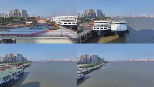 航拍从江滩到鹦鹉洲长江大桥高清在线视频素材下载