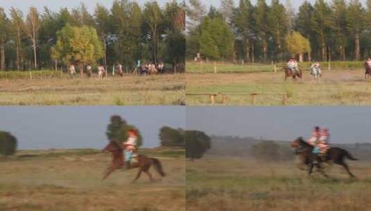 蒙古小伙子们在草原上赛马高清在线视频素材下载
