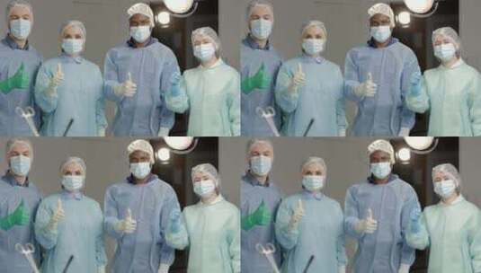 手术成功后，一群戴着口罩的医生站在手术室高清在线视频素材下载