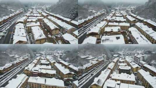 4K冬季宁静的村庄下雪雪天航拍视频高清在线视频素材下载