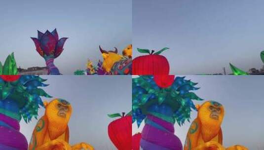 桃子猕猴造型彩灯游客高清在线视频素材下载