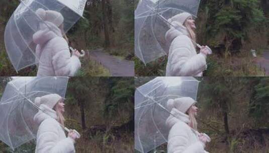 雨伞和白大褂在森林中快乐漫步高清在线视频素材下载