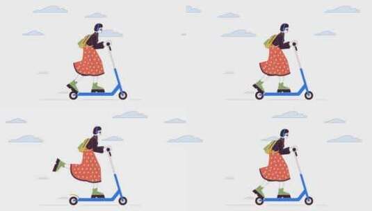 韩国时尚女骑电动滑板车线卡通动画高清在线视频素材下载
