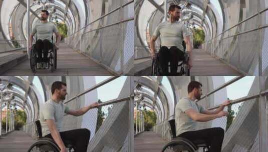 坐轮椅的人在现代桥梁上思考高清在线视频素材下载