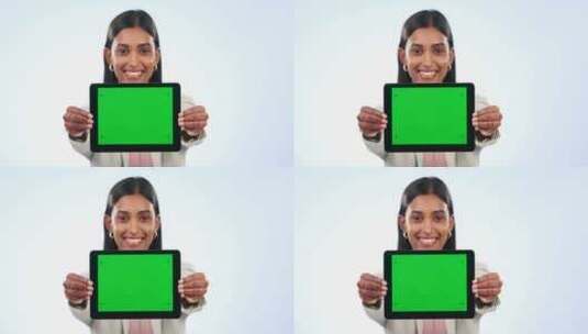 商务女性，面部和平板电脑，带绿屏，模型或高清在线视频素材下载