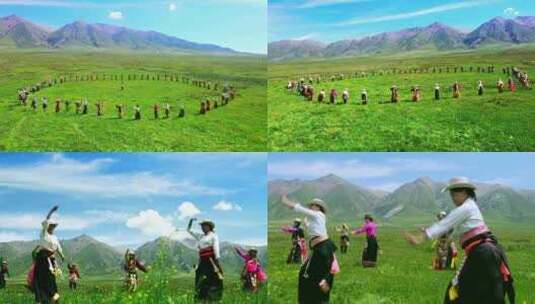 草原上跳锅庄舞、藏族群众草原上跳舞高清在线视频素材下载