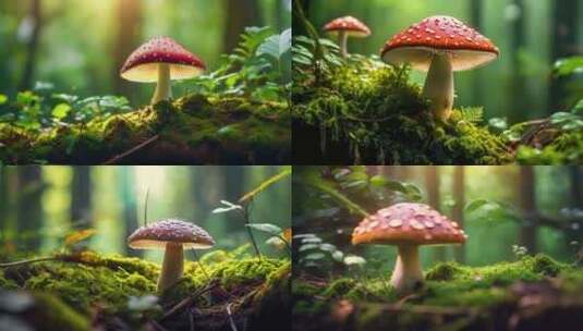 原始森林苔藓蘑菇特写镜头高清在线视频素材下载