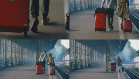 一男一女带着行李在火车站奔跑高清在线视频素材下载