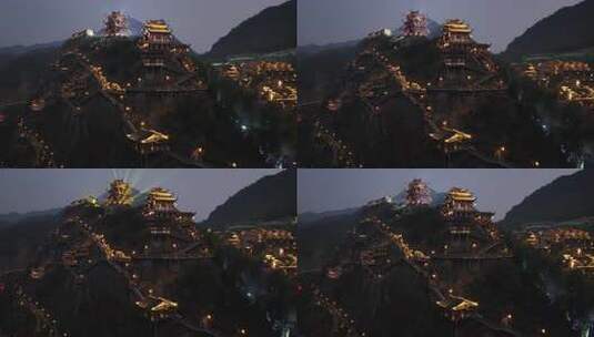 江西上饶望仙谷航拍山谷建筑夜景高清在线视频素材下载