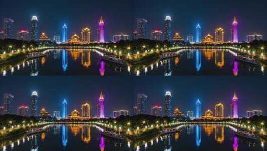 城市河流夜景高楼灯光倒影高清在线视频素材下载