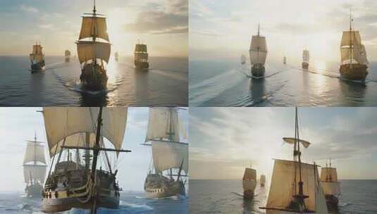 8K海上古帆船舰队巡航复古帆船航行场景高清在线视频素材下载