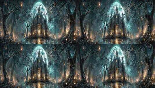魔幻森林中的神秘城堡夜景高清在线视频素材下载