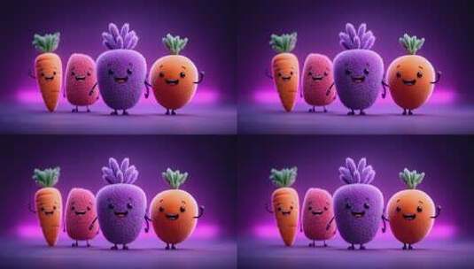 毛茸茸卡通蔬菜家族的紫色背景合影高清在线视频素材下载