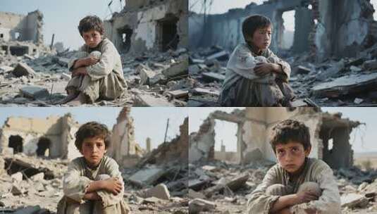 废墟中独坐的儿童高清在线视频素材下载