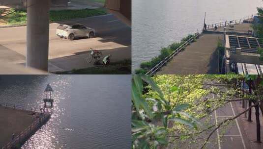 秋天来了暖阳下的江边人来人往和浮光掠影高清在线视频素材下载