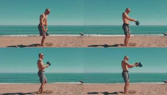 男人在海边用壶铃做举重练习高清在线视频素材下载