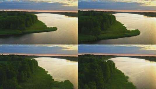 航拍日落时分湖面景观高清在线视频素材下载