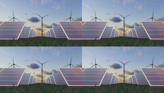 草地上光伏太阳能风能发电站新能源3D动画高清在线视频素材下载