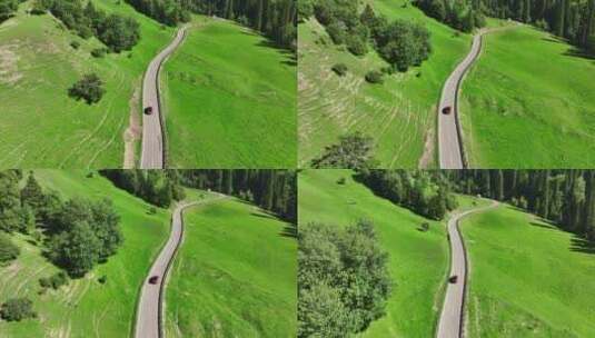 自驾游草原森林汽车航拍高清在线视频素材下载