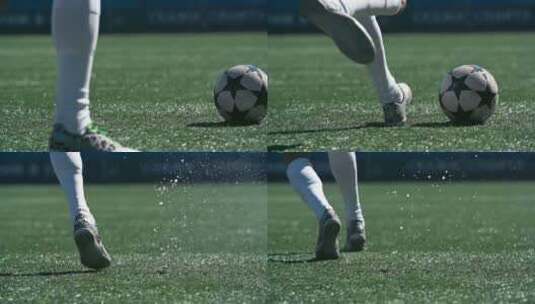 运动场上足球运动员踢足球特写镜头高清在线视频素材下载