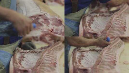 去骨猪肉胴体屠夫切割猪肉胴体在肉厂高清在线视频素材下载