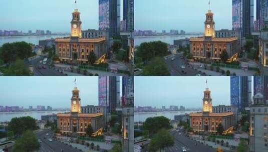 航拍武汉城市地标历史建筑江汉关夜景高清在线视频素材下载