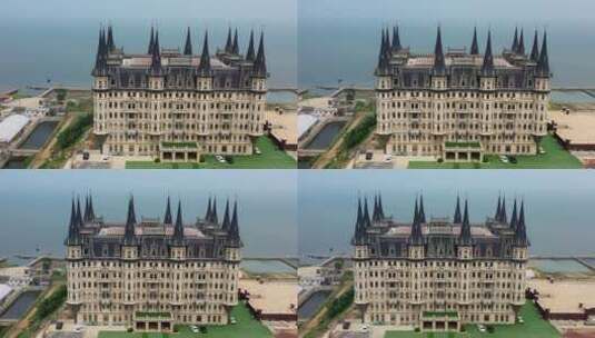 山东蓬莱文成城堡航拍4K视频高清在线视频素材下载