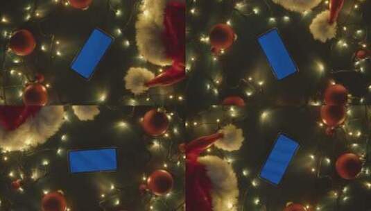 头顶拍摄的圣诞装饰灯和蓝屏有事高清在线视频素材下载
