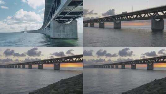 跨海大桥日落航拍高清在线视频素材下载