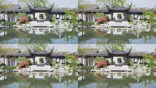 传统中式园林中央花园景观水池凉亭江南水乡高清在线视频素材下载