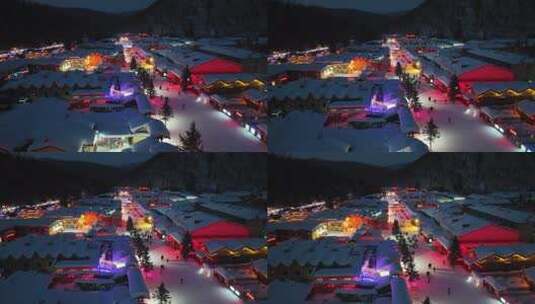 黑龙江雪乡冬季夜景风光航拍高清在线视频素材下载
