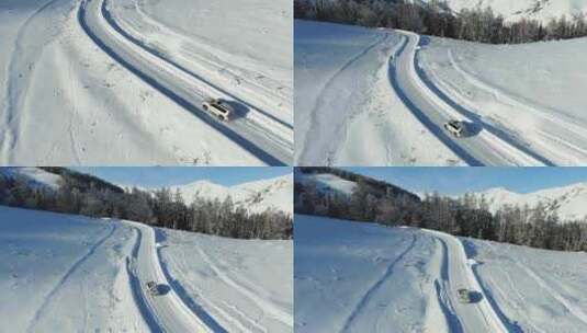 冰雪公路汽车航拍 丰田越野车雪地行车航拍高清在线视频素材下载