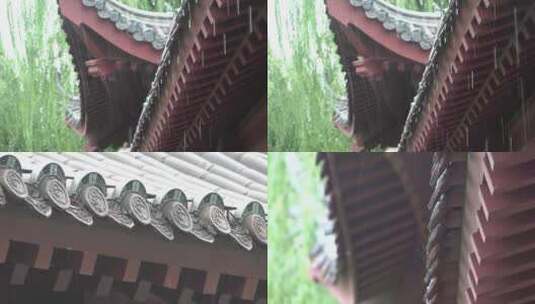 下雨天古建筑青瓦檐滴落的雨滴高清在线视频素材下载