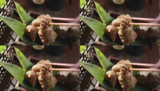 端午节粽子 夹起肉粽慢镜头高清在线视频素材下载